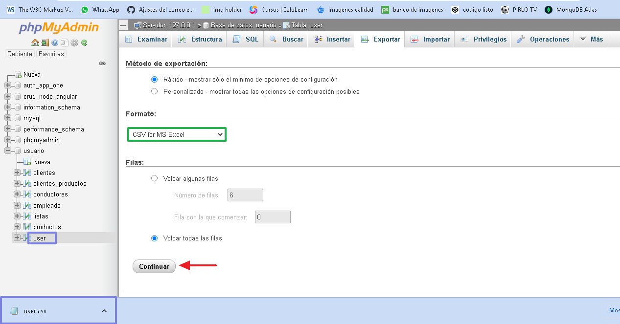 realizando la exportacion