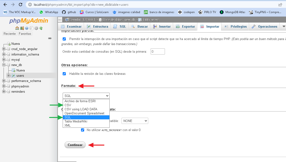 seleccionando el formato para la importacion