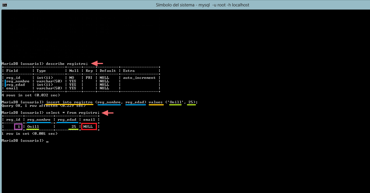 insertando valores especificos en una tabla
