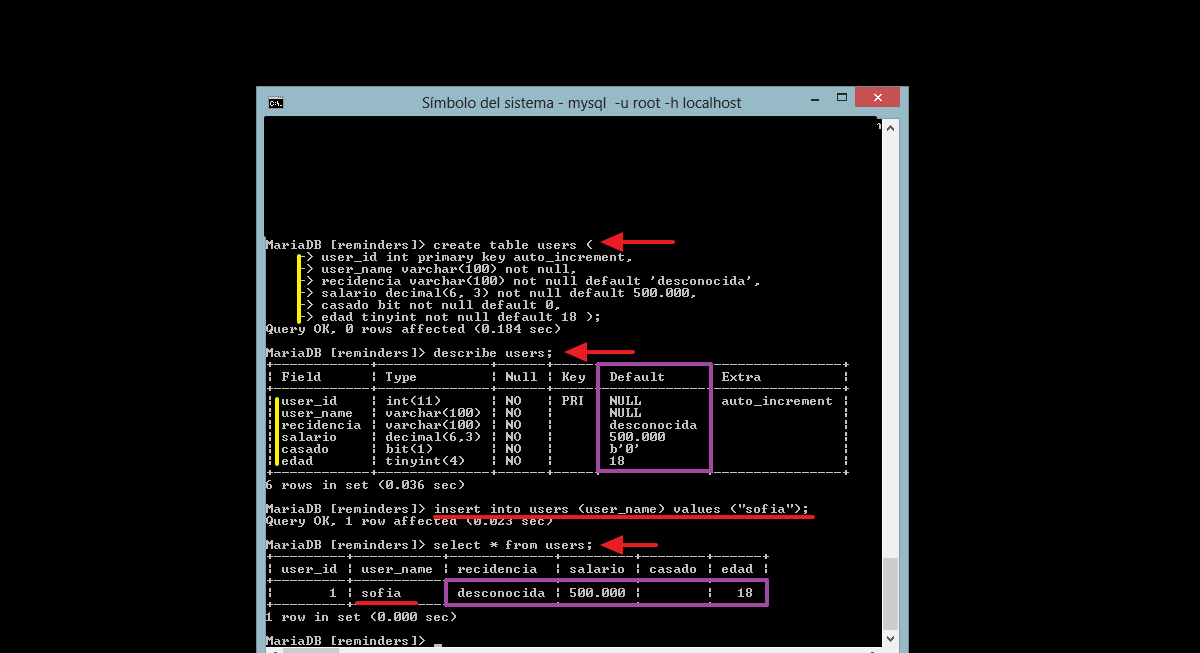 asignar valores por defecto